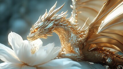 Fototapeta premium Golden Dragon with Flower: Mythical Elegance dragon gold flower mythical fantasy ornate elegance art