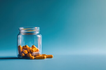 A clear jar of pills sitting on a blue surface, indicating health and wellness or the importance of medication in a simple and minimal image.