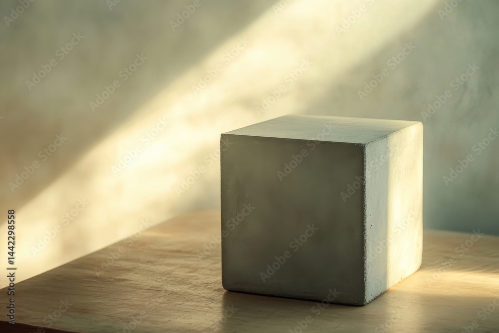 Aufkleber A minimalist composition featuring a gray cube on a wooden surface, bathed in the soft light and shadows, creating a serene atmosphere.