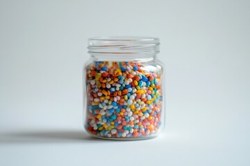 Jar filled with colorful candies, showcasing variety and vibrancy on a bright backdrop. Perfect for sweets and celebrations.