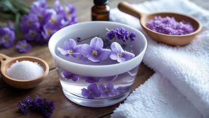 Floating violet flower surrounded by aromatic essential oil, sea salt, and soft towel in the background