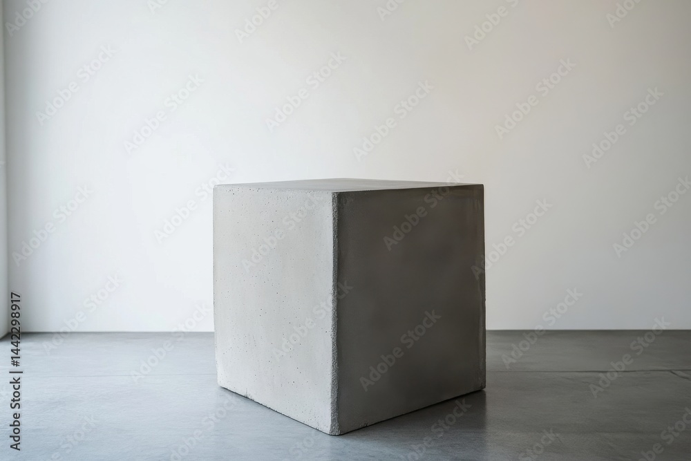 Poster simple geometric form: a concrete cube on a reflective floor, set against a neutral wall. minimalist