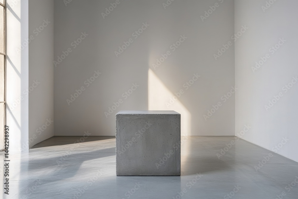 Fototapete A concrete cube in an empty, white-walled room with sunlight casting shadows on the floor and walls, creating a minimalist aesthetic.
