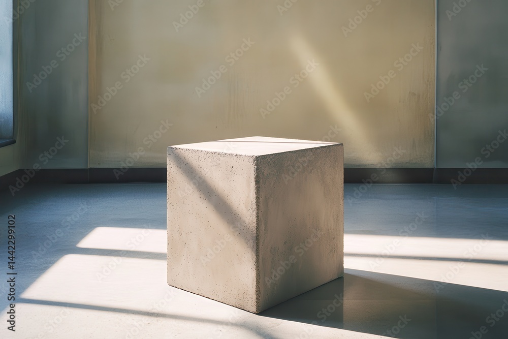 Poster a concrete cube sits on a polished floor, illuminated by sunlight streaming through a window, castin