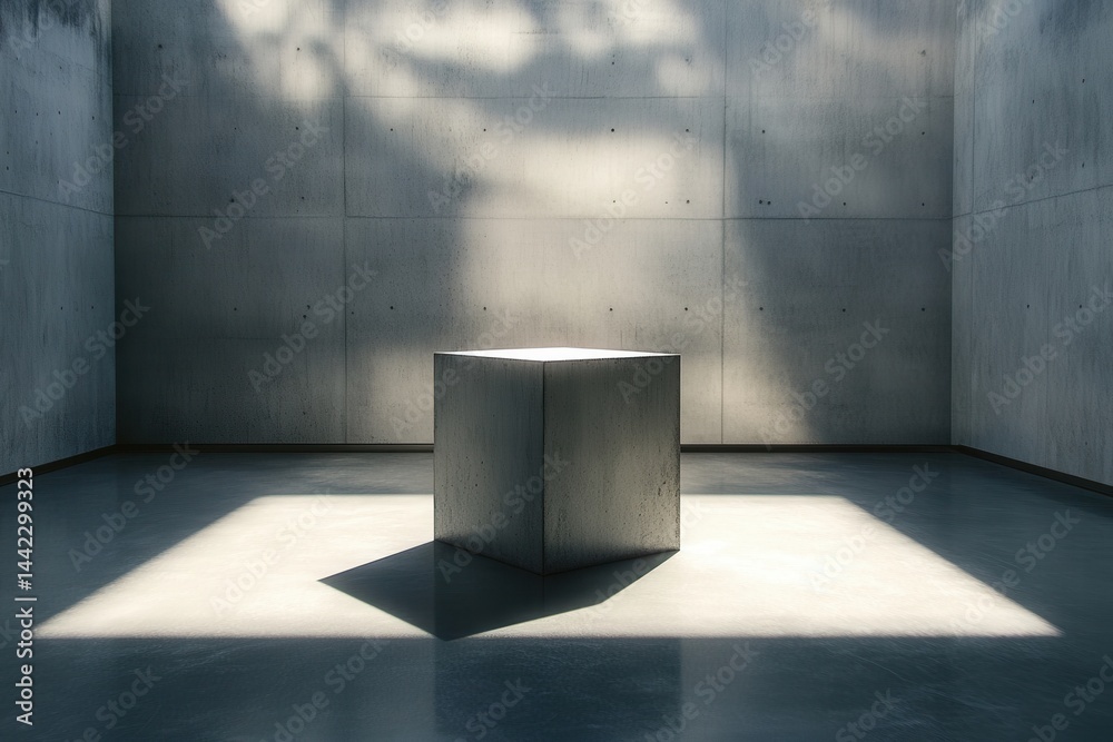 Poster a cube, starkly lit in a stark concrete space, stands as a minimalist study of light and form. clean