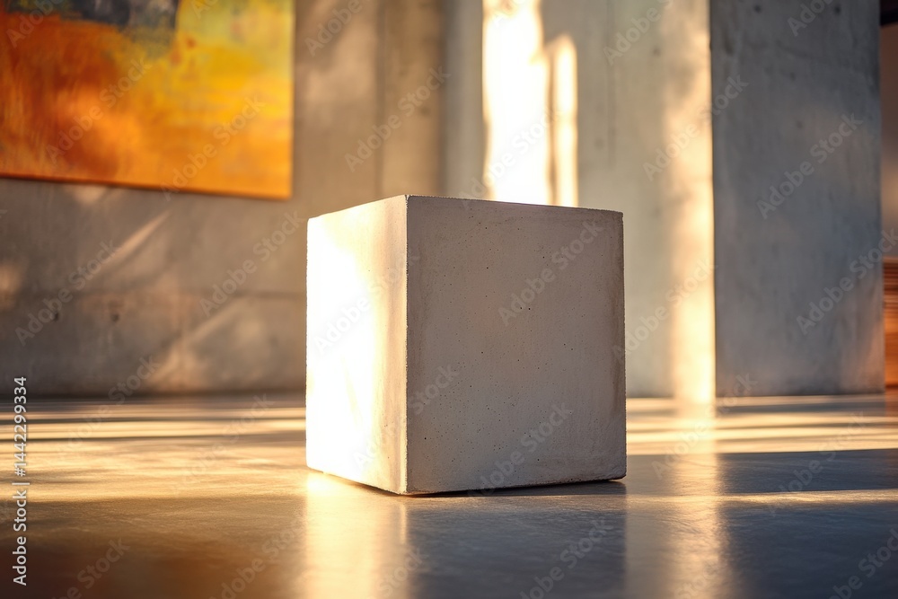 Poster A concrete cube bathes in sunlight, casting long shadows across the floor in a minimalist setting with abstract art visible.