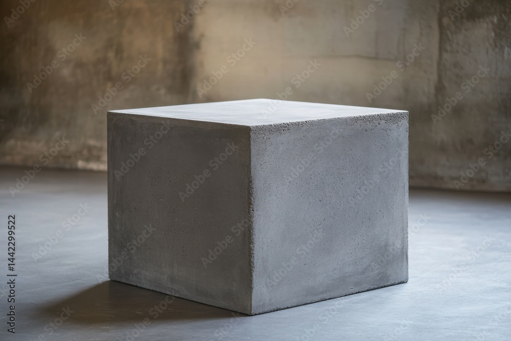 Poster Abstract Cube: Simple gray cube sitting in an empty gray room with a subtle concrete texture, offering a modern and minimalist aesthetic.