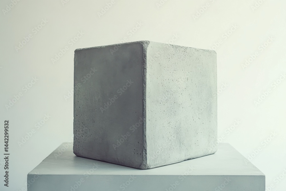 Poster monochromatic minimalist: a gray, geometric cube on a matching stand, set against a pristine white b