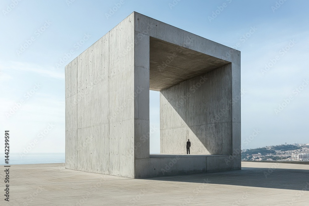 Poster concrete cube architecture: a solitary figure stands within the concrete cube, overlooking the sceni