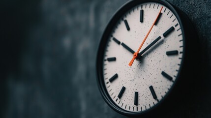 A black and white clock with orange hands.