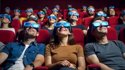 3D film movie, theatre goers sit in seats watching the screen wearing 3D glasses