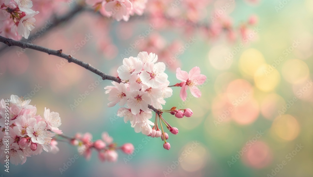 Poster blossoms of cherry set against a hazy background