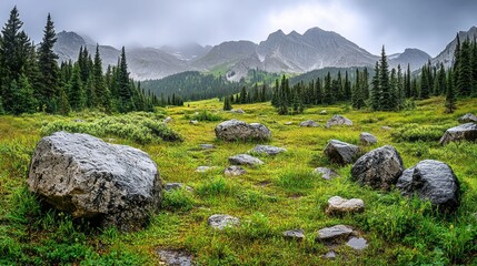 A green meadow and mountains landscape with trees and rocks