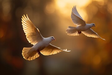 Obraz premium Two White Doves Soaring Majestically In Golden Sunset Light