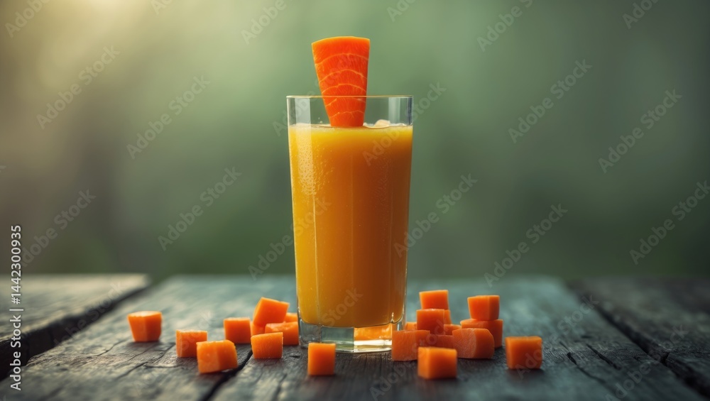 Poster carrot juice-based smoothie arranged on the table.