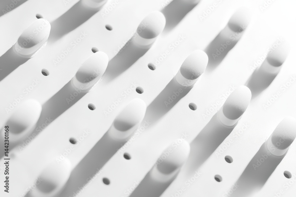 Poster Abstract design featuring uniformly spaced, pill-shaped white objects and circular holes, creating a modern, minimalist aesthetic.