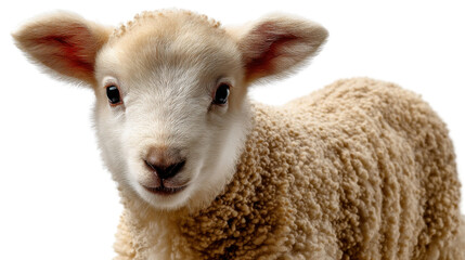 Naklejka premium Adorable Lamb Portrait: A close-up of an adorable lamb, showcasing its fluffy fleece and innocent gaze. The lamb's soft, creamy wool is emphasized against a pure white background.