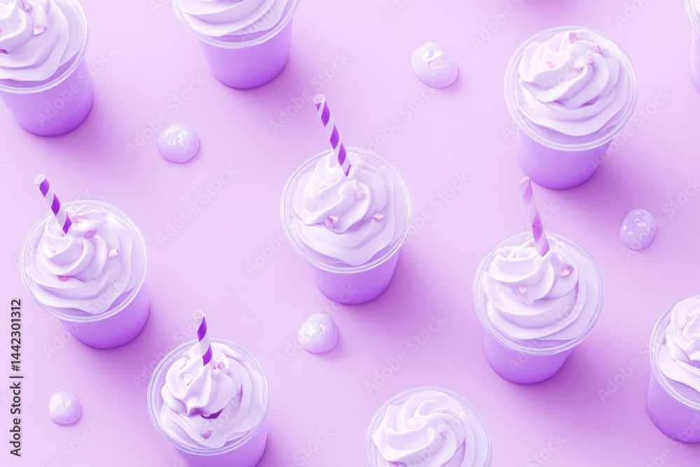 Poster pastel delight: a pattern of frothy drinks with striped straws and sprinkles on a light purple backd