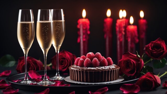 Festive tray with champagne, raspberry chocolate cake, candles, and red roses