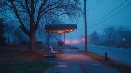 A bus shelter stands on a foggy street at twilight