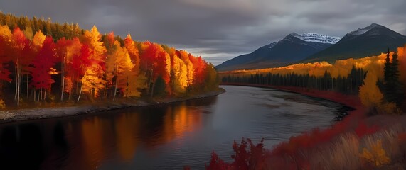 Canadian maple forests afire with fiery autumn colors lining quiet meandering riverbanks