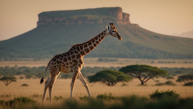 Giraffe moving through the savannah landscape against a backdrop of unique geological structures.