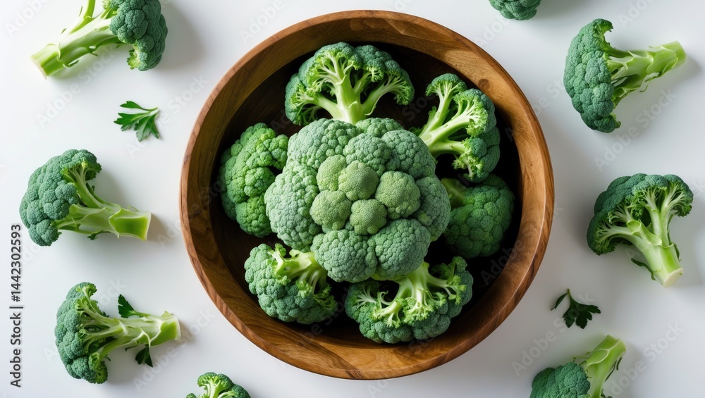 Poster Top View of Broccoli, Cabbage, or Cauliflower on a White Background. Flat Lay with Empty Space for Text