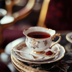 Fototapeta premium Elegant tea service with ornate porcelain teacup and a small red berry on a delicate saucer, set for a refined tea time experience.