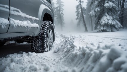 Snow-covered front wheel with winter tire