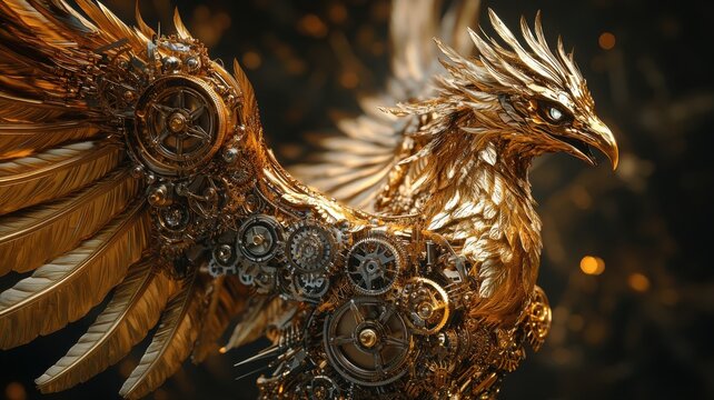 Golden Steampunk Phoenix: Mechanical Bird of Fire phoenix steampunk golden mechanical bird fire cogs