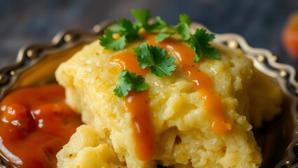 Middle angle close-up of savory Dhokla made from fermented rice and lentil batter, garnished with cilantro and chutney, 16K resolution, traditional setting, spongy texture.