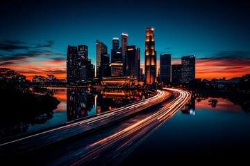 Fototapeta premium City skyline at dawn with illuminated roads reflecting on the water