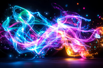 Abstract View of a Magnetic Field with Glowing Strands of Light in Vibrant Colors, Spiraling in Intricate Patterns, Representing Rapid Energy Flow and Movement