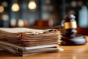 A stack of legal documents sits on a desk beside a judge's gavel in a courtroom setting.