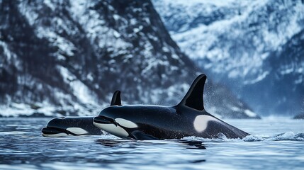 Fototapeta premium Majestic Orcas in a Frozen Fjord: A Breathtaking Winter Encounter