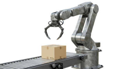 Isolated industrial robot arm on a conveyor belt moving a box
