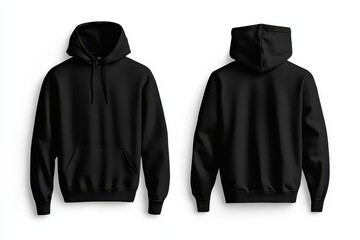 Front and back views of a cozy black hoodie, featuring a kangaroo pocket and drawstring hood. Perfect for casual wear and comfort.