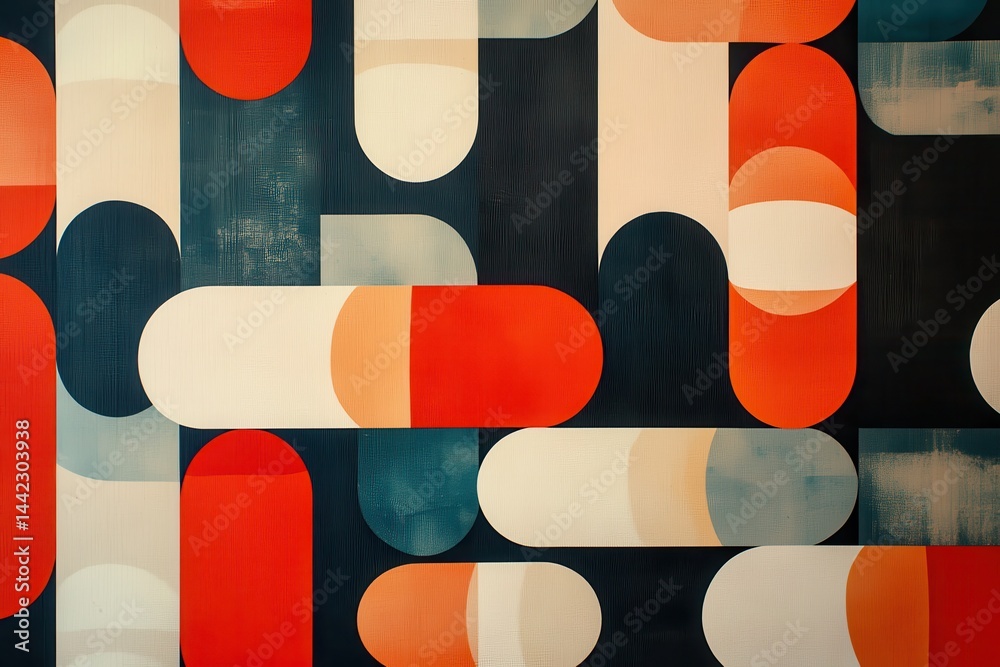 Poster Abstract geometric shapes in red, cream and blue create a modern and visually stimulating pattern. Decorative shapes and colors.
