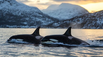 Fototapeta premium Majestic Orcas at Sunset in a Norwegian Fjord