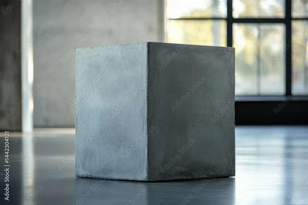 Poster Isolated solid concrete cube resting on glossy floor; stark, minimalist composition set against blurred window background.