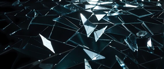 Broken glass shards reflecting sunlight creating hypnotic patterns on dark textured surfaces