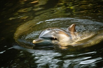 Obraz premium A close up of a dolphin swimming in dark water with its head and fin visible above the surface