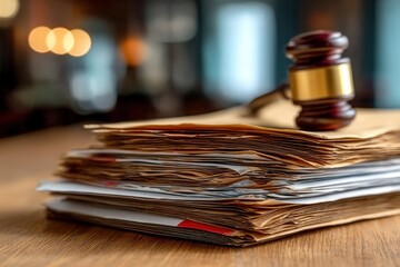 A wooden gavel rests on a stack of legal documents on a desk, symbolizing law and justice in a courtroom setting.