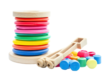 Colorful stacking rings toy with wooden base and colorful beads