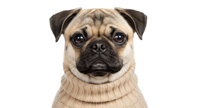 Isolated Adorable Pug Puppy in Cream Knitted Sweater