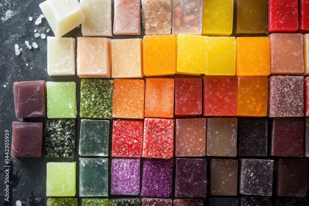Poster assortment of colorful square candies arranged in rows, offering a vibrant and sweet visual treat wi