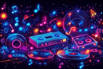 Fototapeta premium Retro music tech, cosmic background, vibrant neon