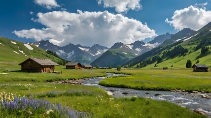 Fototapeta premium Alpine Valley with Wooden Cabins and Flowing Stream under Blue Sky