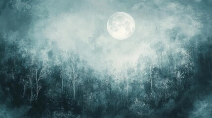 Ethereal Forest Landscape with Full Moon Illuminating Misty Night Sky and Dense Foliage