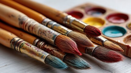 Fototapeta premium a set of watercolor paintbrushes and a palette on a white isolated background, creative and artistic look